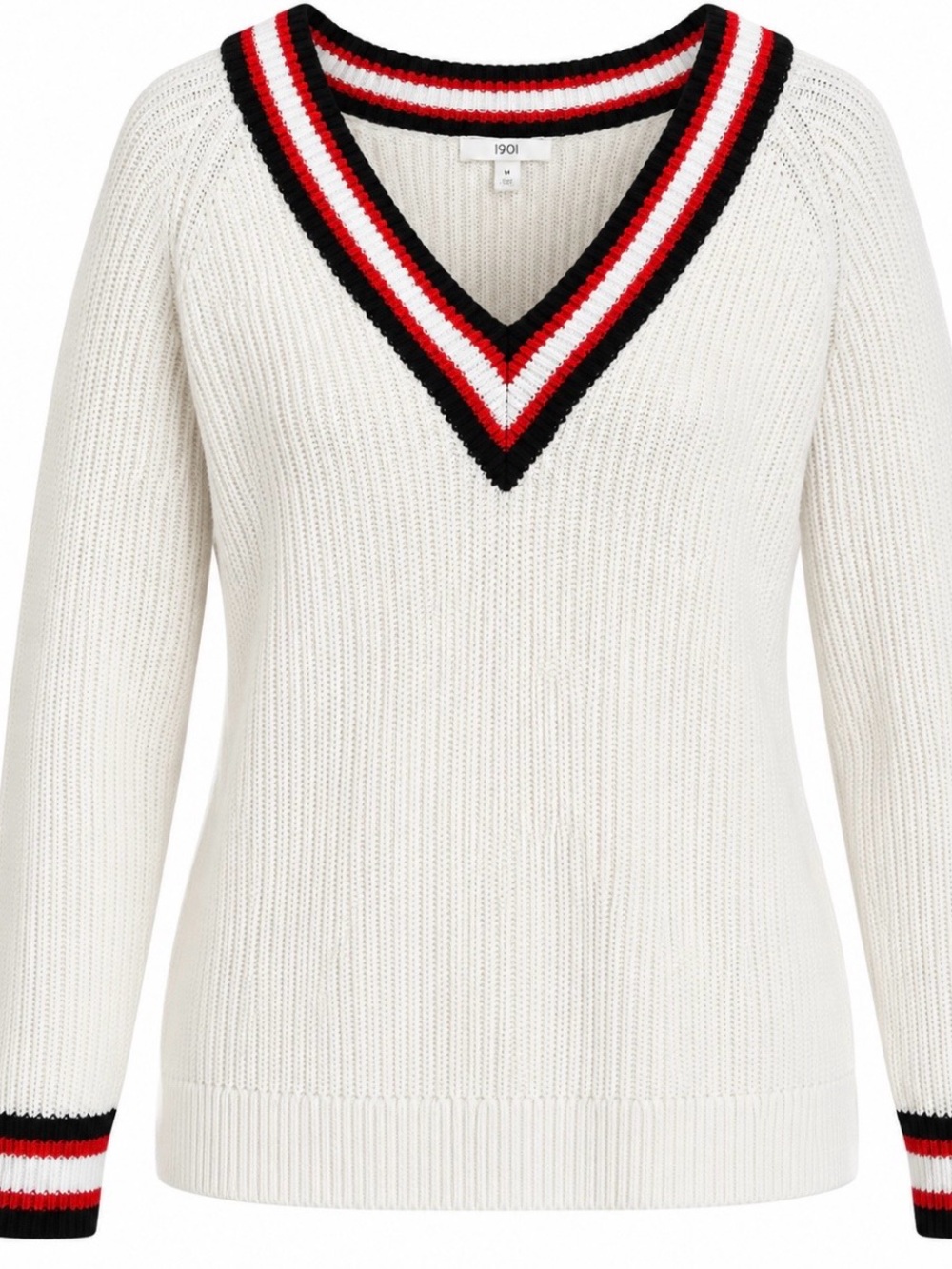 1901 Ivory V-Neck Sweater with Black and Red Stripe Trim